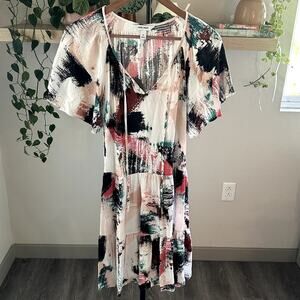 Nine West Abstract Print Tiered Mini Dress Flutter Sleeve M Artsy Boho Festival